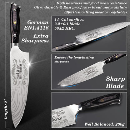 4 Pieces Professional Kitchen Knife Set, Damascus German Stainless Steel Chef Knife Set With Wooden Box, 8" Chef Knife, 5" Utility Knife, 8" Bread Knife, 7" Santoku Knife, Gift for Men Women 20 cm