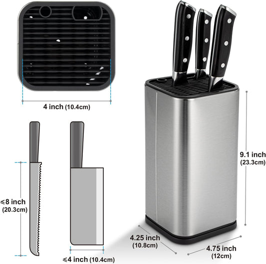 Universal Knife Block,Stainless Steel for 3.5" to 8" Knives | Knife Holder with Slots for Scissors and Sharpening Rod(without Knives),Knife Storage Block for Kitchen Counter