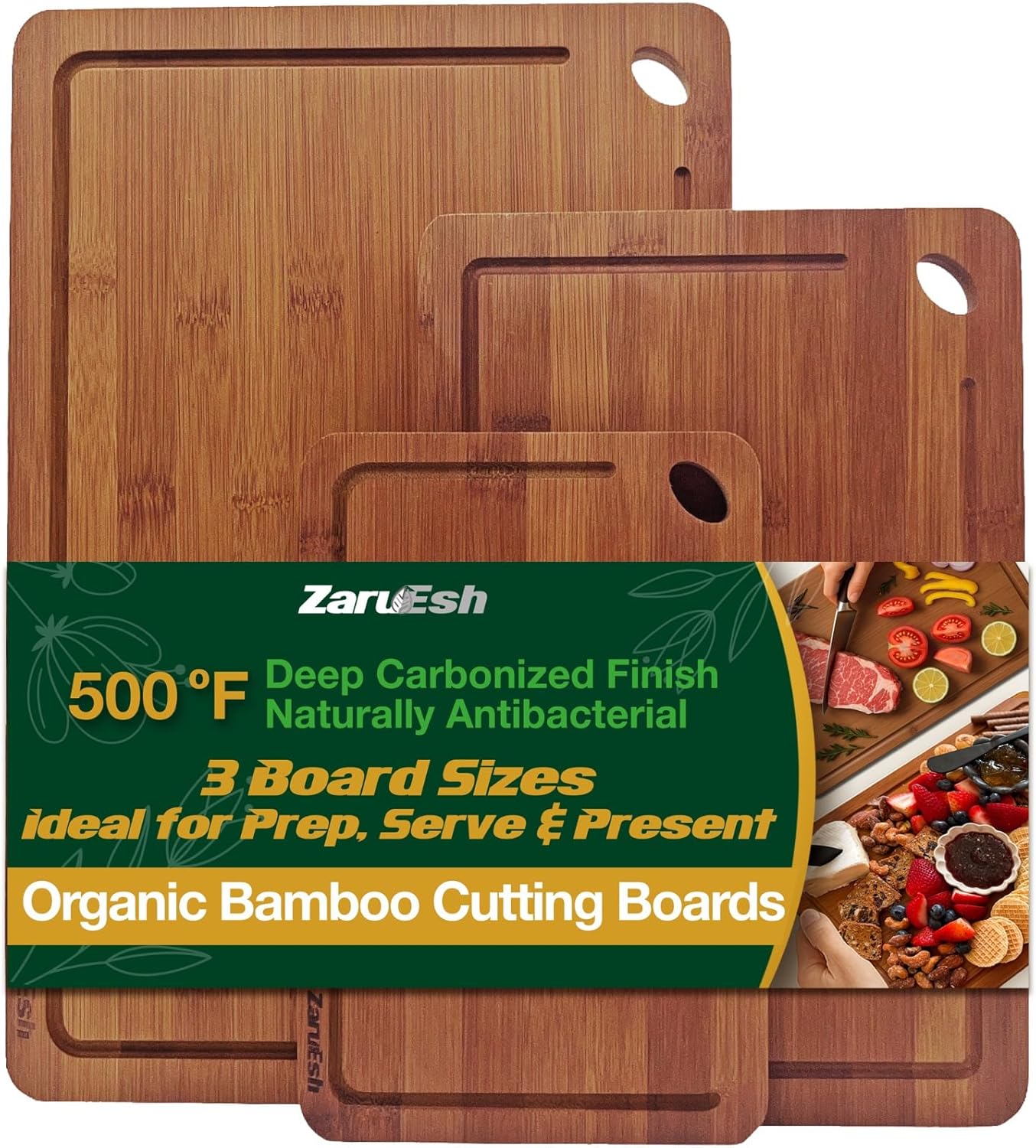 Bamboo Chopping Board, Durable Chopping Board Bamboo with Deep Juice Grooves & Built-in Handles - Carbonized Wooden Chopping Boards Ideal Charcuterie Double-Sided Serving Tray for Kitchen