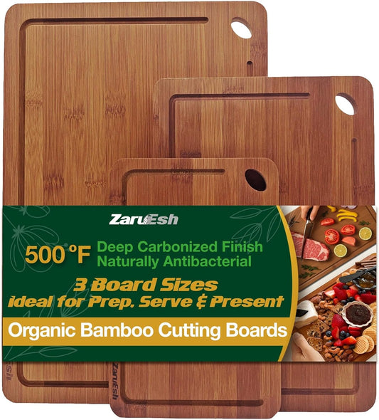 Bamboo Chopping Board, Durable Chopping Board Bamboo with Deep Juice Grooves & Built-in Handles - Carbonized Wooden Chopping Boards Ideal Charcuterie Double-Sided Serving Tray for Kitchen