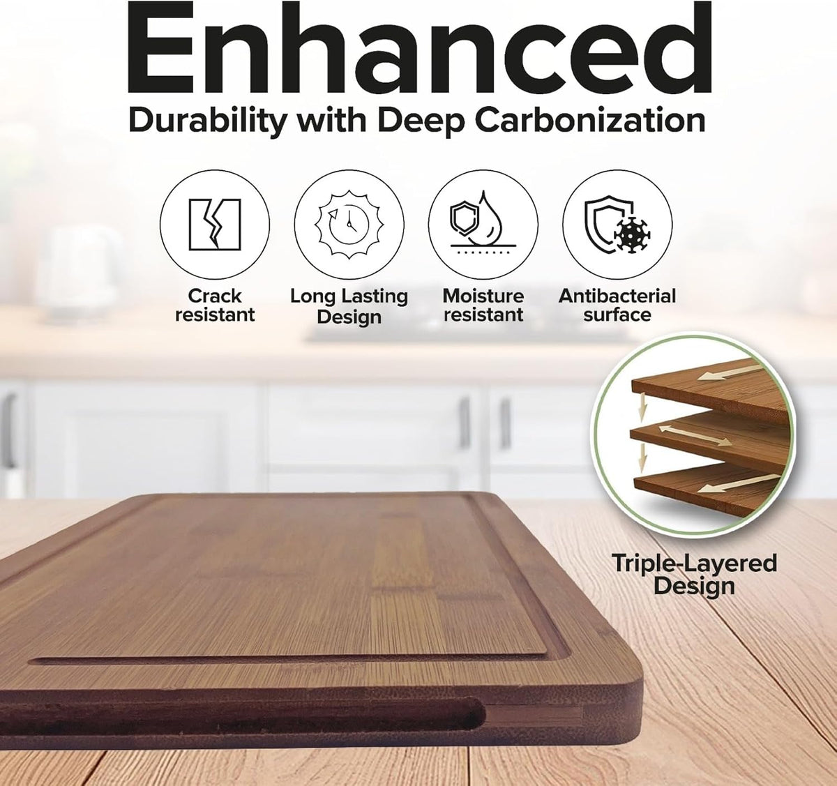 Bamboo Chopping Board, Durable Chopping Board Bamboo with Deep Juice Grooves & Built-in Handles - Carbonized Wooden Chopping Boards Ideal Charcuterie Double-Sided Serving Tray for Kitchen