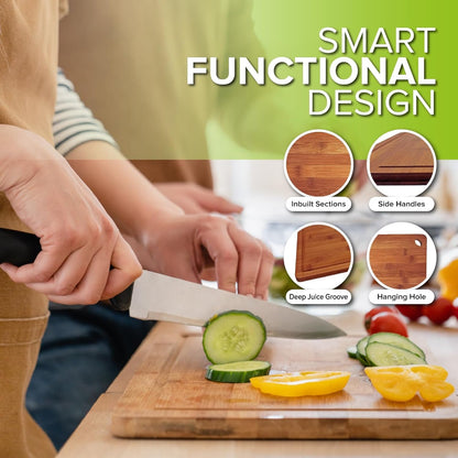 Bamboo Chopping Board, Durable Chopping Board Bamboo with Deep Juice Grooves & Built-in Handles - Carbonized Wooden Chopping Boards Ideal Charcuterie Double-Sided Serving Tray for Kitchen