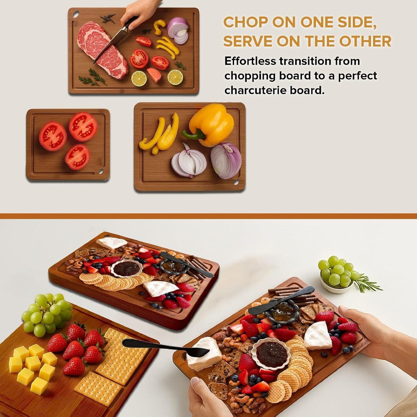 Bamboo Chopping Board, Durable Chopping Board Bamboo with Deep Juice Grooves & Built-in Handles - Carbonized Wooden Chopping Boards Ideal Charcuterie Double-Sided Serving Tray for Kitchen
