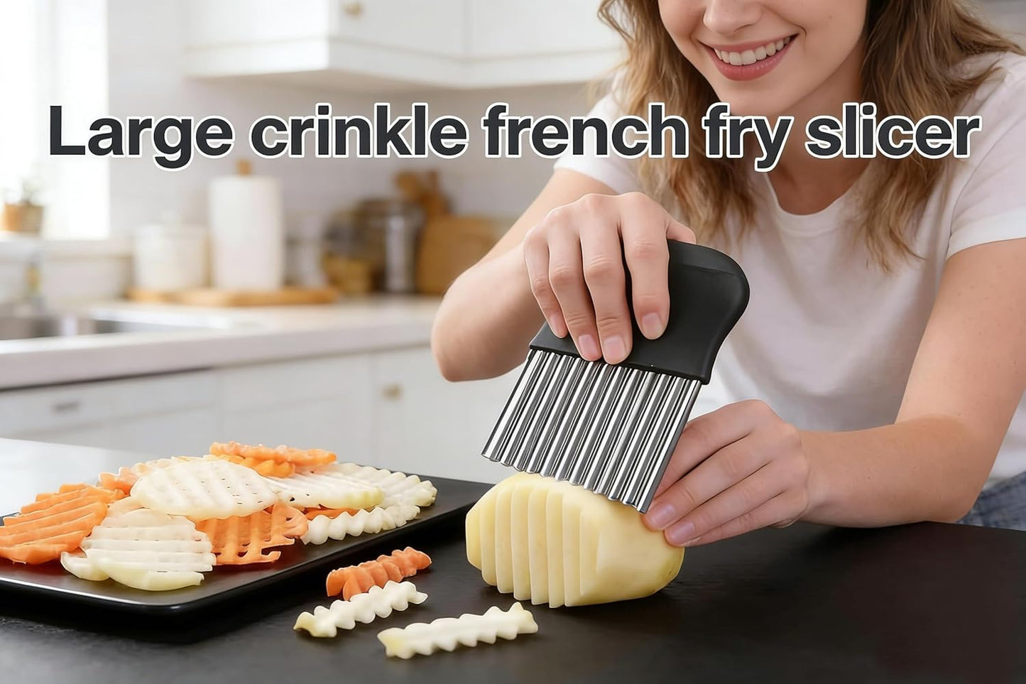French Fry Slicer - Large Crinkle Cutter - Potato Knife Cutter, Fruit Vegetable Wavy Chopper - Stainless Steel Blade Cutting Knife Tool