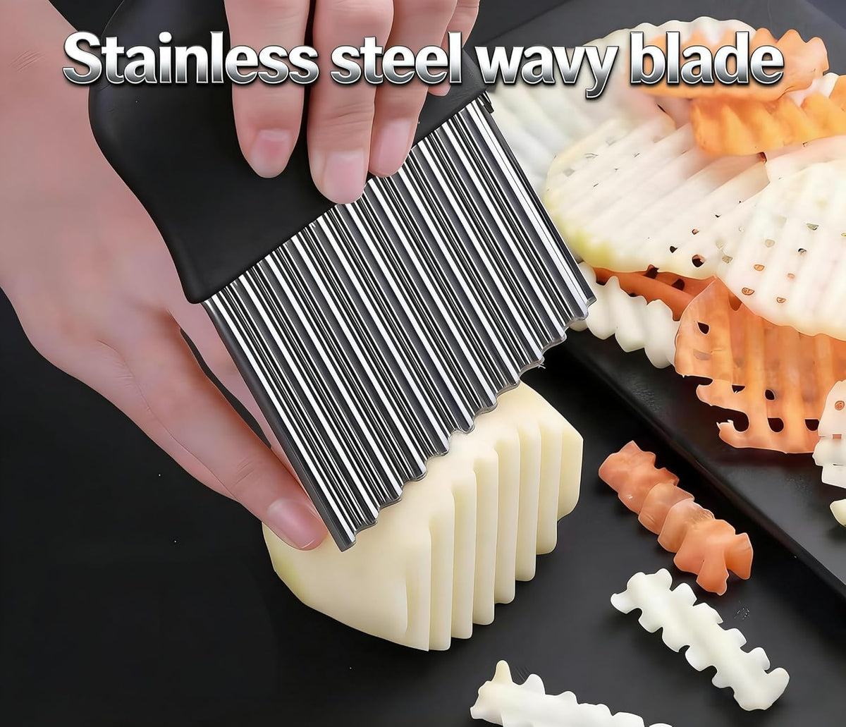 French Fry Slicer - Large Crinkle Cutter - Potato Knife Cutter, Fruit Vegetable Wavy Chopper - Stainless Steel Blade Cutting Knife Tool