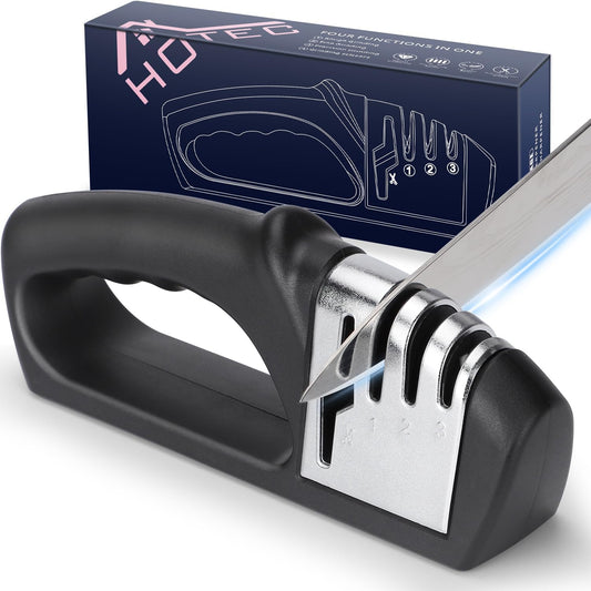 4in1 Knife Sharpener, 3 Stage Manual Sharpener for Sharpening Kitchen Knives 1 Stage for Scissors- Ceramic Stone, Tungsten Carbide Plates, Diamond rods