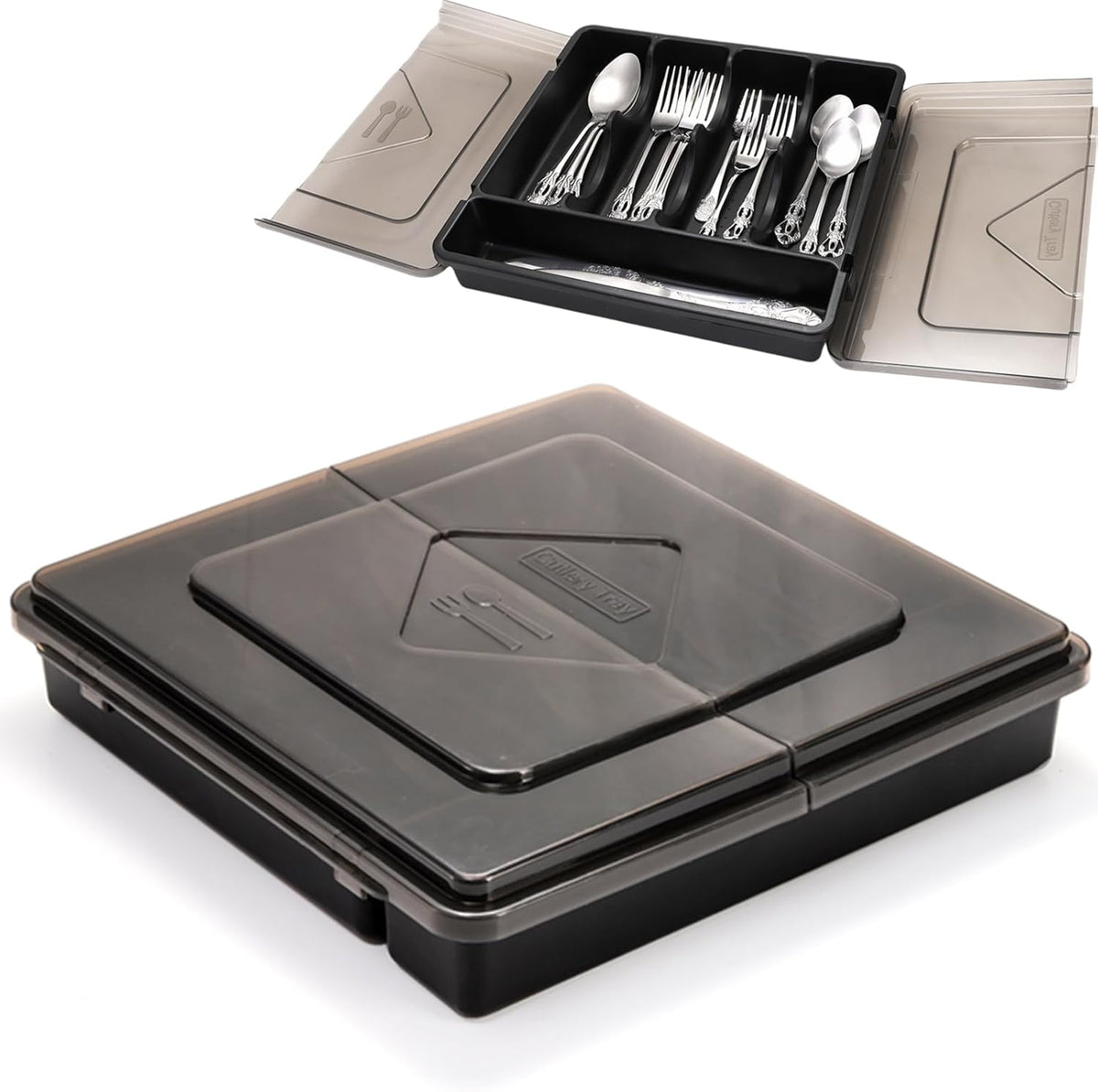 Silverware Organizer with Lid, Covered Utensil Drawer Organizer Tray for Kitchen, 5 Compartments Plastic Black Cutlery Flatware Storage Box for Spoons Forks Knives, Office, RV, Countertop