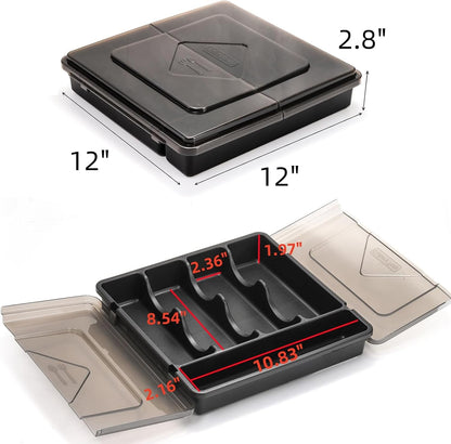 Silverware Organizer with Lid, Covered Utensil Drawer Organizer Tray for Kitchen, 5 Compartments Plastic Black Cutlery Flatware Storage Box for Spoons Forks Knives, Office, RV, Countertop