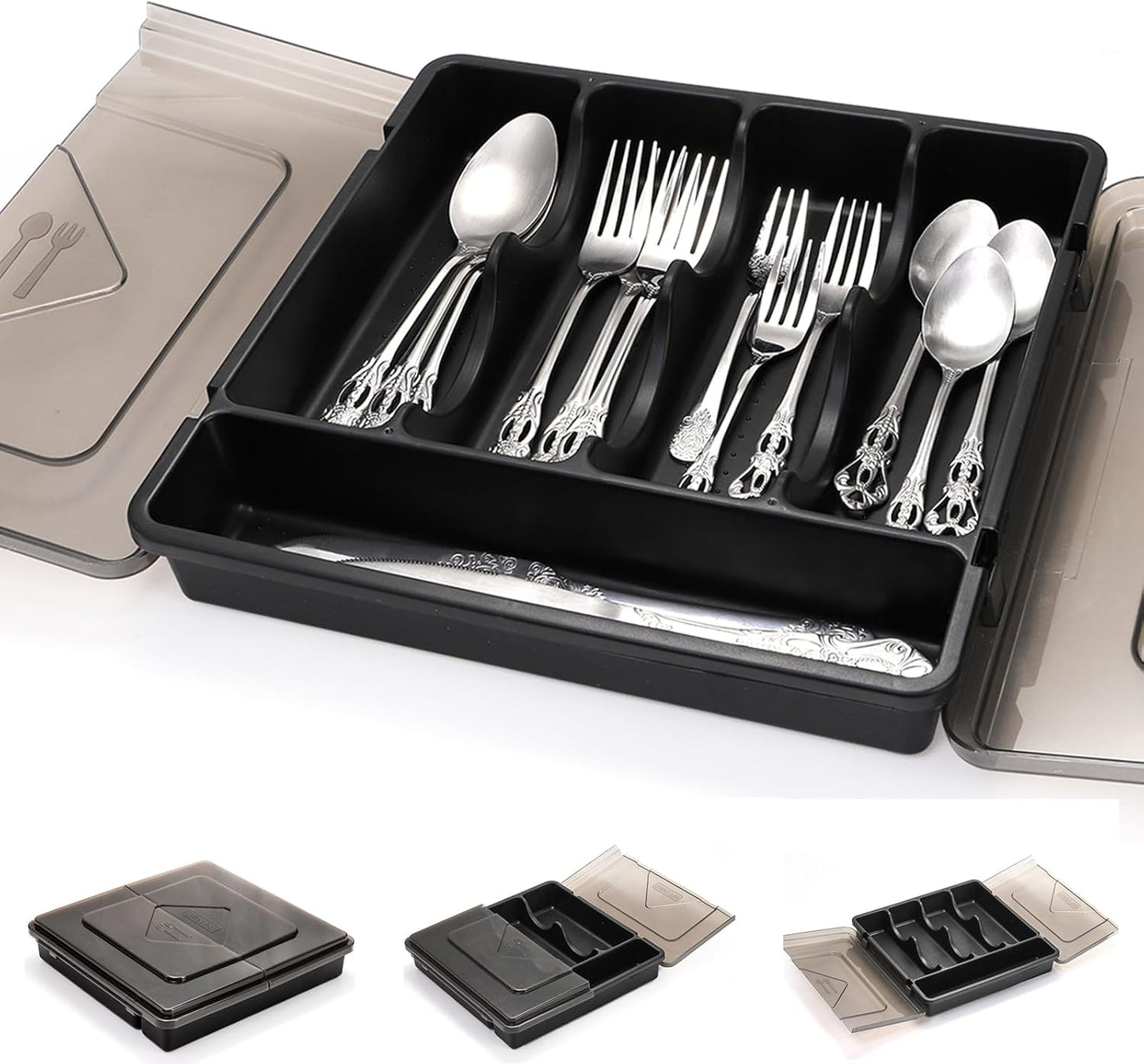 Silverware Organizer with Lid, Covered Utensil Drawer Organizer Tray for Kitchen, 5 Compartments Plastic Black Cutlery Flatware Storage Box for Spoons Forks Knives, Office, RV, Countertop