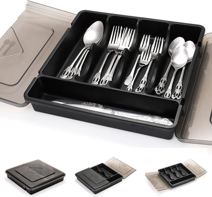 Silverware Organizer with Lid, Covered Utensil Drawer Organizer Tray for Kitchen, 5 Compartments Plastic Black Cutlery Flatware Storage Box for Spoons Forks Knives, Office, RV, Countertop
