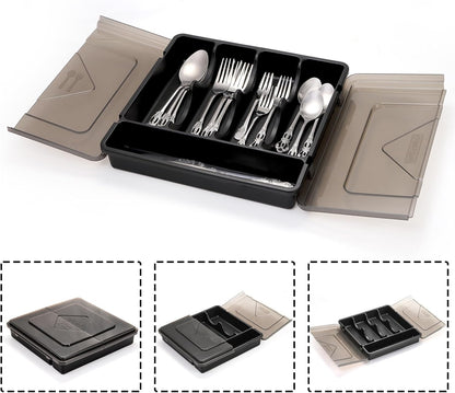 Silverware Organizer with Lid, Covered Utensil Drawer Organizer Tray for Kitchen, 5 Compartments Plastic Black Cutlery Flatware Storage Box for Spoons Forks Knives, Office, RV, Countertop