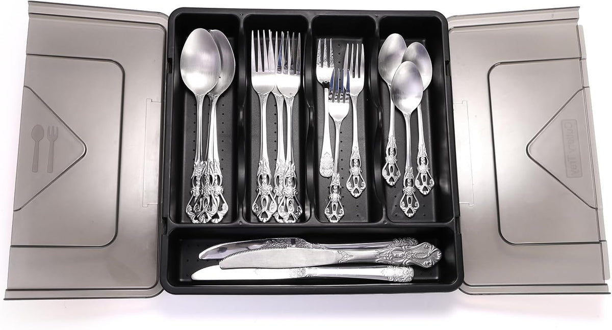 Silverware Organizer with Lid, Covered Utensil Drawer Organizer Tray for Kitchen, 5 Compartments Plastic Black Cutlery Flatware Storage Box for Spoons Forks Knives, Office, RV, Countertop