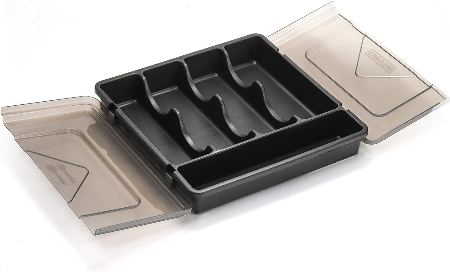 Silverware Organizer with Lid, Covered Utensil Drawer Organizer Tray for Kitchen, 5 Compartments Plastic Black Cutlery Flatware Storage Box for Spoons Forks Knives, Office, RV, Countertop