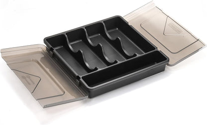 Silverware Organizer with Lid, Covered Utensil Drawer Organizer Tray for Kitchen, 5 Compartments Plastic Black Cutlery Flatware Storage Box for Spoons Forks Knives, Office, RV, Countertop