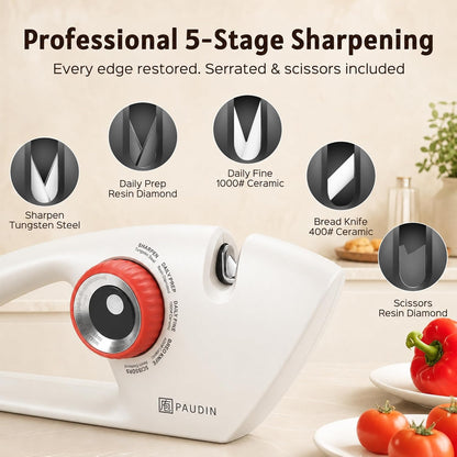Precision 5-Stage Knife Sharpener, Fathers Day Dad Gifts, Manual Sharpening for Kitchen Knives & Scissors, Straight & Serrated Blades, Non-Slip Base, Ergonomic Handle, Safe for Home Use