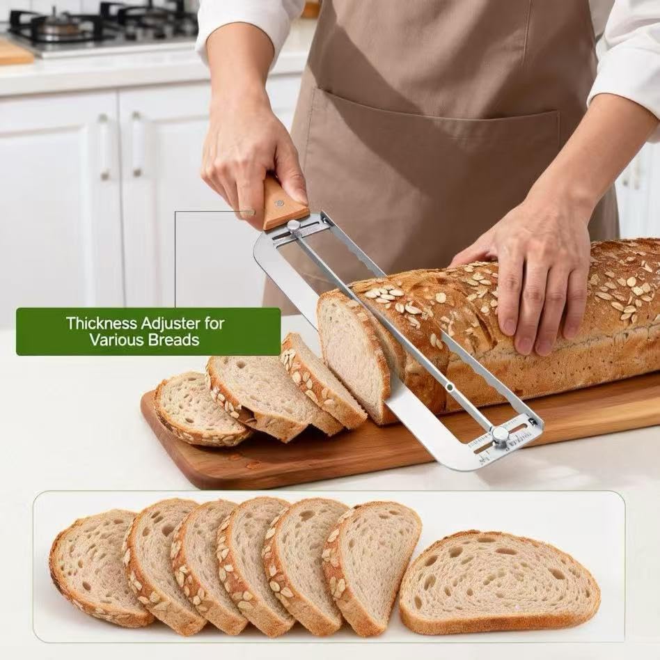Adjustable Bread Knife for Homemade Bread – Manual Sourdough Bread Slicer with Stainless Steel Serrated Blade & Precision Thickness Guide (¼–2"), Ideal Gift for Home Bakers