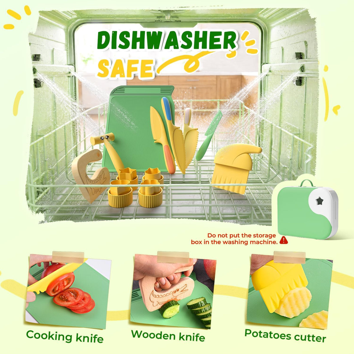 Montessori Kitchen Tools for Toddlers,Kids Knife for Real Cooking,Toddlers Knife Set with Storage Box Kids Safe Knives Children Cutting Set for Girl Boy,Montessori Toys for Kitchen Set -Green