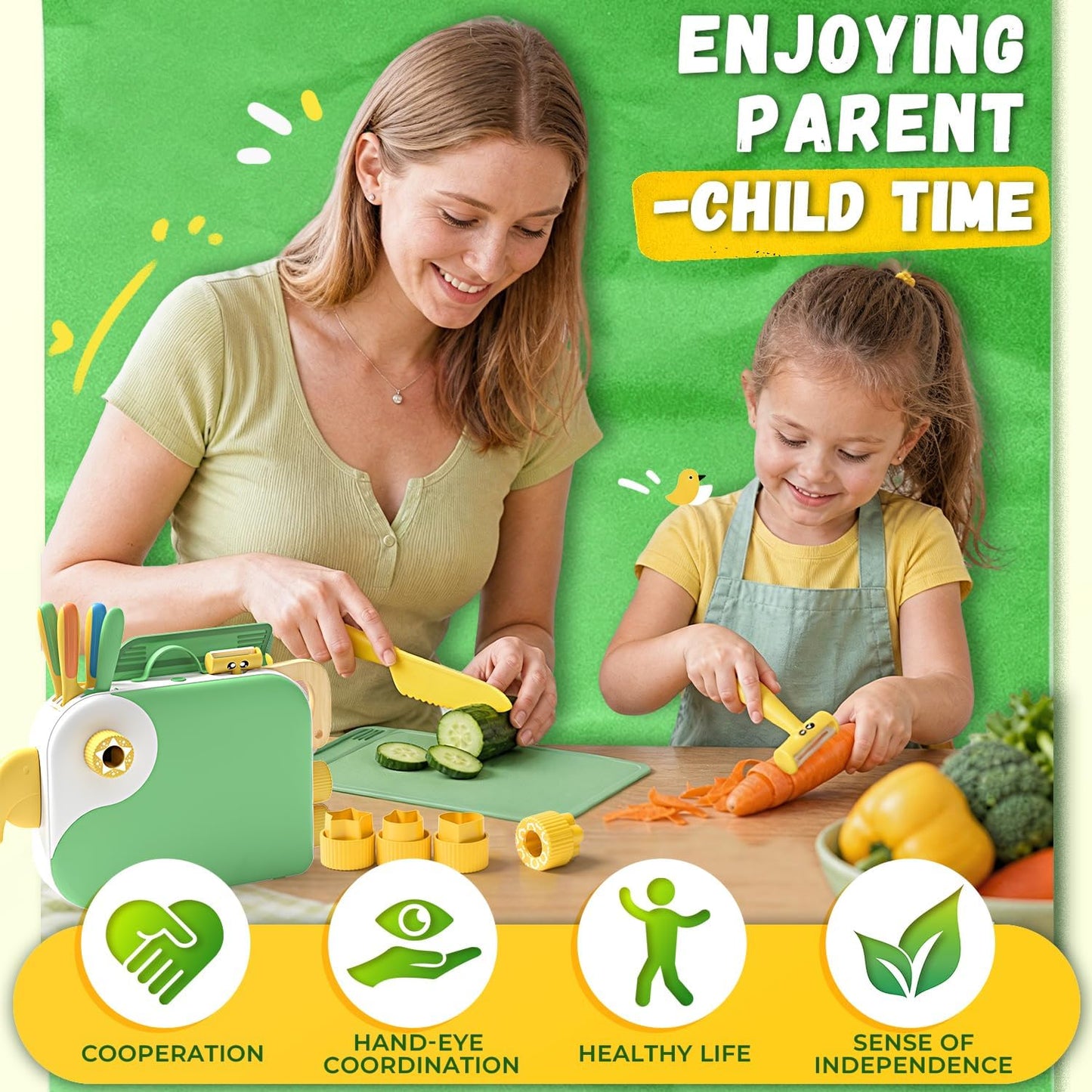 Montessori Kitchen Tools for Toddlers,Kids Knife for Real Cooking,Toddlers Knife Set with Storage Box Kids Safe Knives Children Cutting Set for Girl Boy,Montessori Toys for Kitchen Set -Green