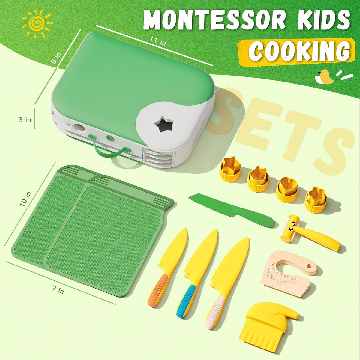 Montessori Kitchen Tools for Toddlers,Kids Knife for Real Cooking,Toddlers Knife Set with Storage Box Kids Safe Knives Children Cutting Set for Girl Boy,Montessori Toys for Kitchen Set -Green
