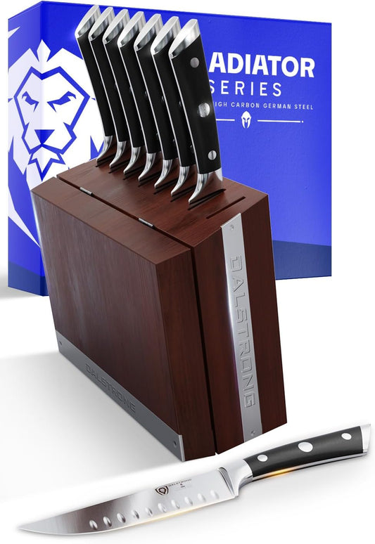 Steak Knife Set of 8 — 5" Non-Serrated German HC Steel, 56+ HRC — For Dinner Parties, Large Table Service & BBQ Entertaining — G10 Handles, Sheaths, Gladiator ELITE, customer support