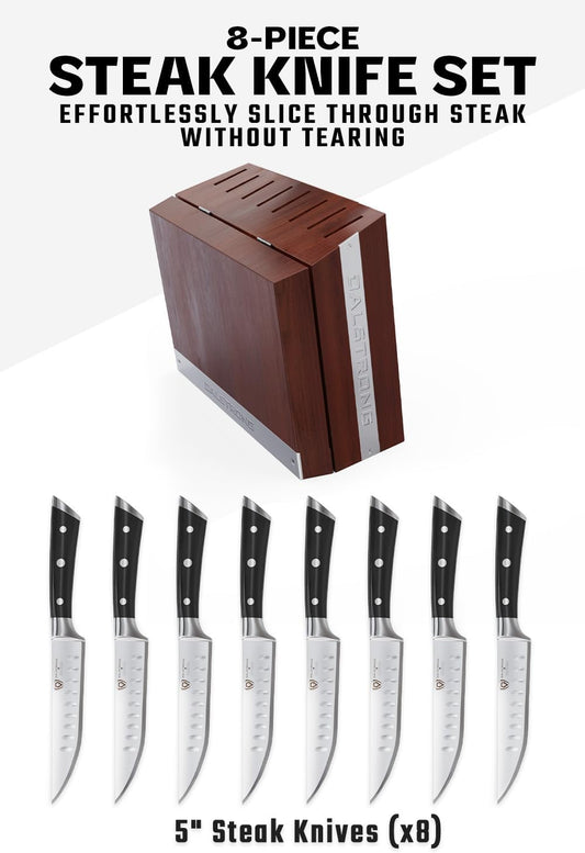 Steak Knife Set of 8 — 5" Non-Serrated German HC Steel, 56+ HRC — For Dinner Parties, Large Table Service & BBQ Entertaining — G10 Handles, Sheaths, Gladiator ELITE, customer support