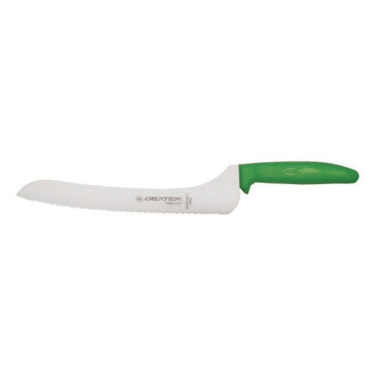 S163-9SCG-PCP Sani-Safe 13583G Sandwich Knife, 9" Scalloped Offset DEXSTEEL High Carbon Stain-Free Steel Blade, Textured Polypropylene Green Handle, NSF Certified, Made in USA