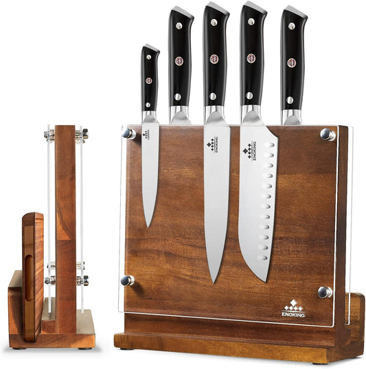 Magnetic Knife Block with Acrylic Shield, Double Side Kitchen Knife Holder without Knives- Acacia Wood Universal Knife Storage Organizer with Powerful Magnet for Kitchen Counter