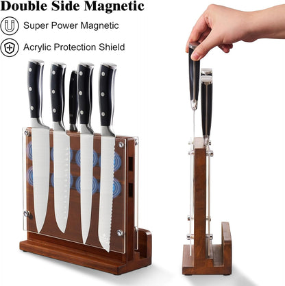 Magnetic Knife Block with Acrylic Shield, Double Side Kitchen Knife Holder without Knives- Acacia Wood Universal Knife Storage Organizer with Powerful Magnet for Kitchen Counter