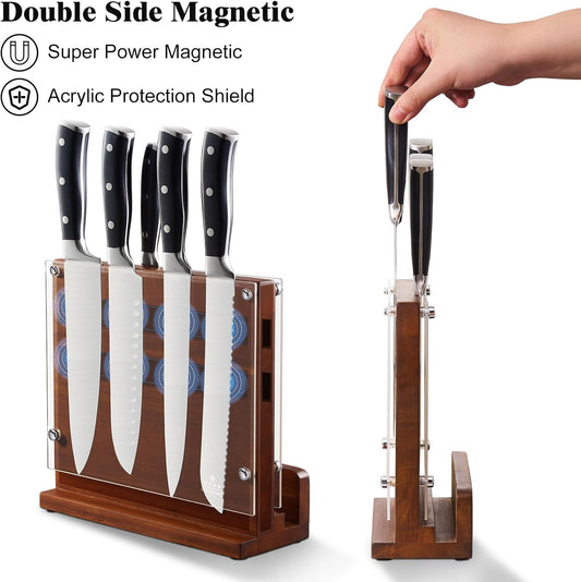 Magnetic Knife Block with Acrylic Shield, Double Side Kitchen Knife Holder without Knives- Acacia Wood Universal Knife Storage Organizer with Powerful Magnet for Kitchen Counter