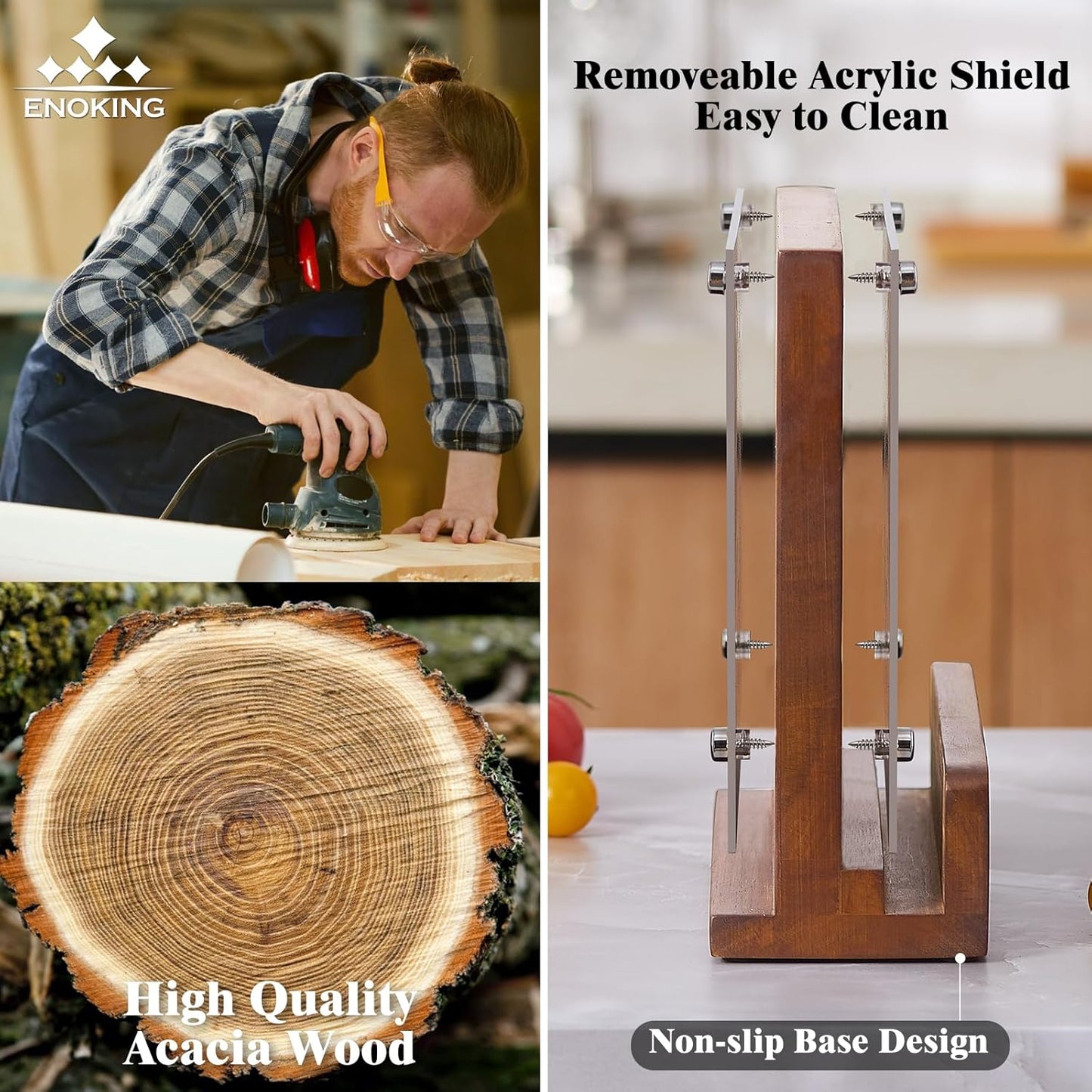 Magnetic Knife Block with Acrylic Shield, Double Side Kitchen Knife Holder without Knives- Acacia Wood Universal Knife Storage Organizer with Powerful Magnet for Kitchen Counter