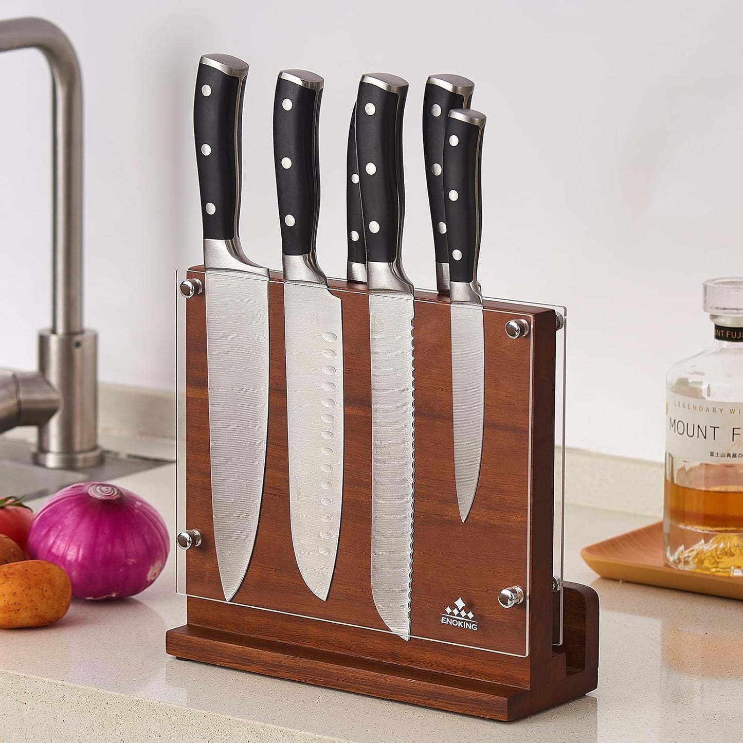 Magnetic Knife Block with Acrylic Shield, Double Side Kitchen Knife Holder without Knives- Acacia Wood Universal Knife Storage Organizer with Powerful Magnet for Kitchen Counter