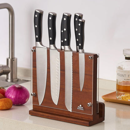 Magnetic Knife Block with Acrylic Shield, Double Side Kitchen Knife Holder without Knives- Acacia Wood Universal Knife Storage Organizer with Powerful Magnet for Kitchen Counter