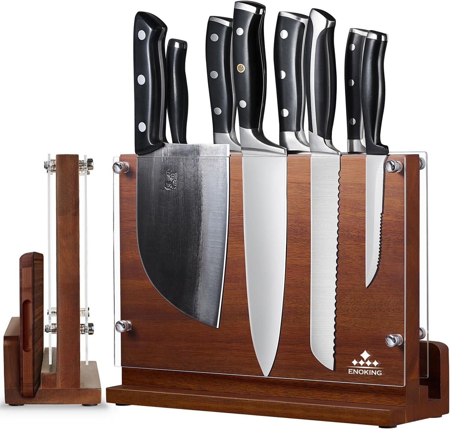 Magnetic Knife Block with Acrylic Shield, Double Side Kitchen Knife Holder without Knives- Acacia Wood Universal Knife Storage Organizer with Powerful Magnet for Kitchen Counter