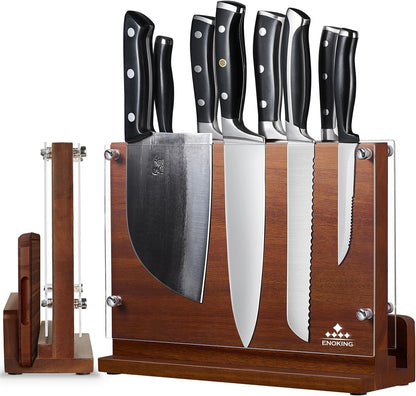 Magnetic Knife Block with Acrylic Shield, Double Side Kitchen Knife Holder without Knives- Acacia Wood Universal Knife Storage Organizer with Powerful Magnet for Kitchen Counter