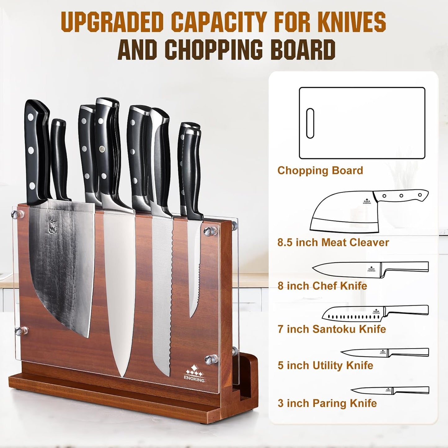 Magnetic Knife Block with Acrylic Shield, Double Side Kitchen Knife Holder without Knives- Acacia Wood Universal Knife Storage Organizer with Powerful Magnet for Kitchen Counter