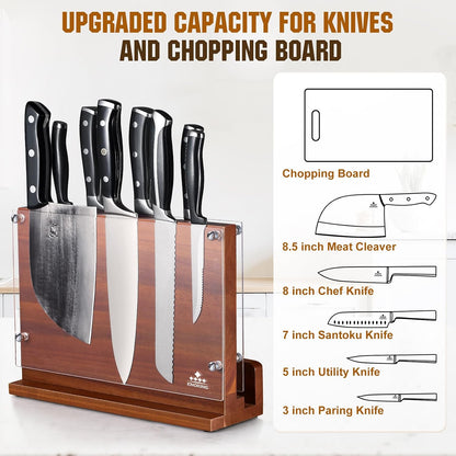Magnetic Knife Block with Acrylic Shield, Double Side Kitchen Knife Holder without Knives- Acacia Wood Universal Knife Storage Organizer with Powerful Magnet for Kitchen Counter
