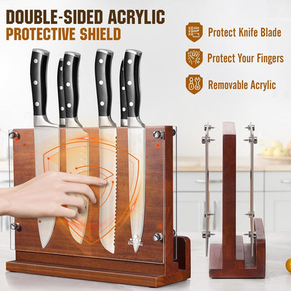 Magnetic Knife Block with Acrylic Shield, Double Side Kitchen Knife Holder without Knives- Acacia Wood Universal Knife Storage Organizer with Powerful Magnet for Kitchen Counter