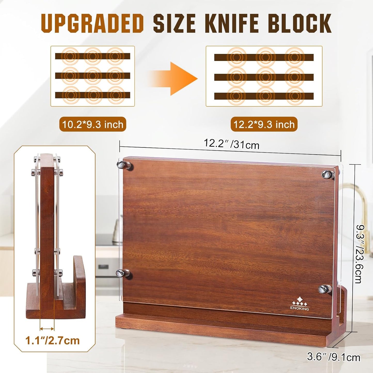 Magnetic Knife Block with Acrylic Shield, Double Side Kitchen Knife Holder without Knives- Acacia Wood Universal Knife Storage Organizer with Powerful Magnet for Kitchen Counter