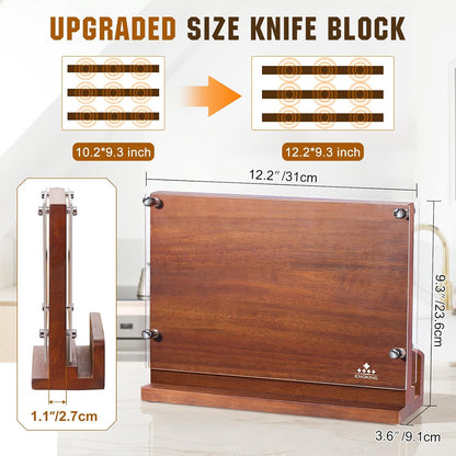 Magnetic Knife Block with Acrylic Shield, Double Side Kitchen Knife Holder without Knives- Acacia Wood Universal Knife Storage Organizer with Powerful Magnet for Kitchen Counter