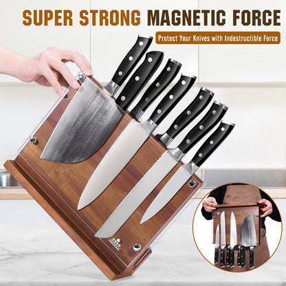 Magnetic Knife Block with Acrylic Shield, Double Side Kitchen Knife Holder without Knives- Acacia Wood Universal Knife Storage Organizer with Powerful Magnet for Kitchen Counter