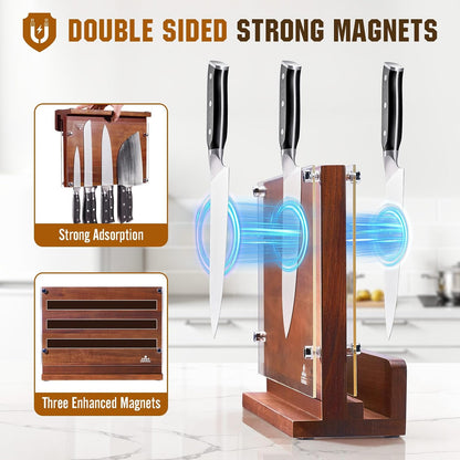 Magnetic Knife Block with Acrylic Shield, Double Side Kitchen Knife Holder without Knives- Acacia Wood Universal Knife Storage Organizer with Powerful Magnet for Kitchen Counter