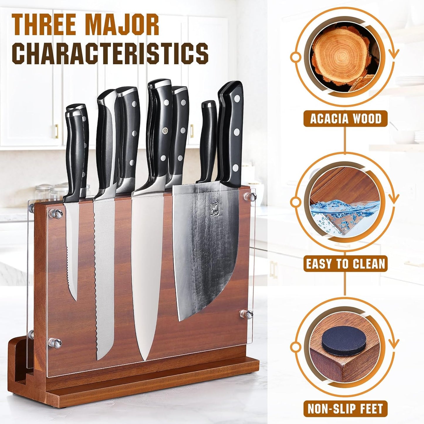 Magnetic Knife Block with Acrylic Shield, Double Side Kitchen Knife Holder without Knives- Acacia Wood Universal Knife Storage Organizer with Powerful Magnet for Kitchen Counter