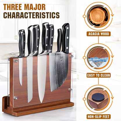 Magnetic Knife Block with Acrylic Shield, Double Side Kitchen Knife Holder without Knives- Acacia Wood Universal Knife Storage Organizer with Powerful Magnet for Kitchen Counter