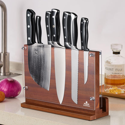 Magnetic Knife Block with Acrylic Shield, Double Side Kitchen Knife Holder without Knives- Acacia Wood Universal Knife Storage Organizer with Powerful Magnet for Kitchen Counter