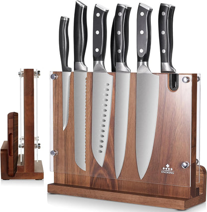 Magnetic Knife Block with Acrylic Shield, Double Side Kitchen Knife Holder without Knives- Acacia Wood Universal Knife Storage Organizer with Powerful Magnet for Kitchen Counter
