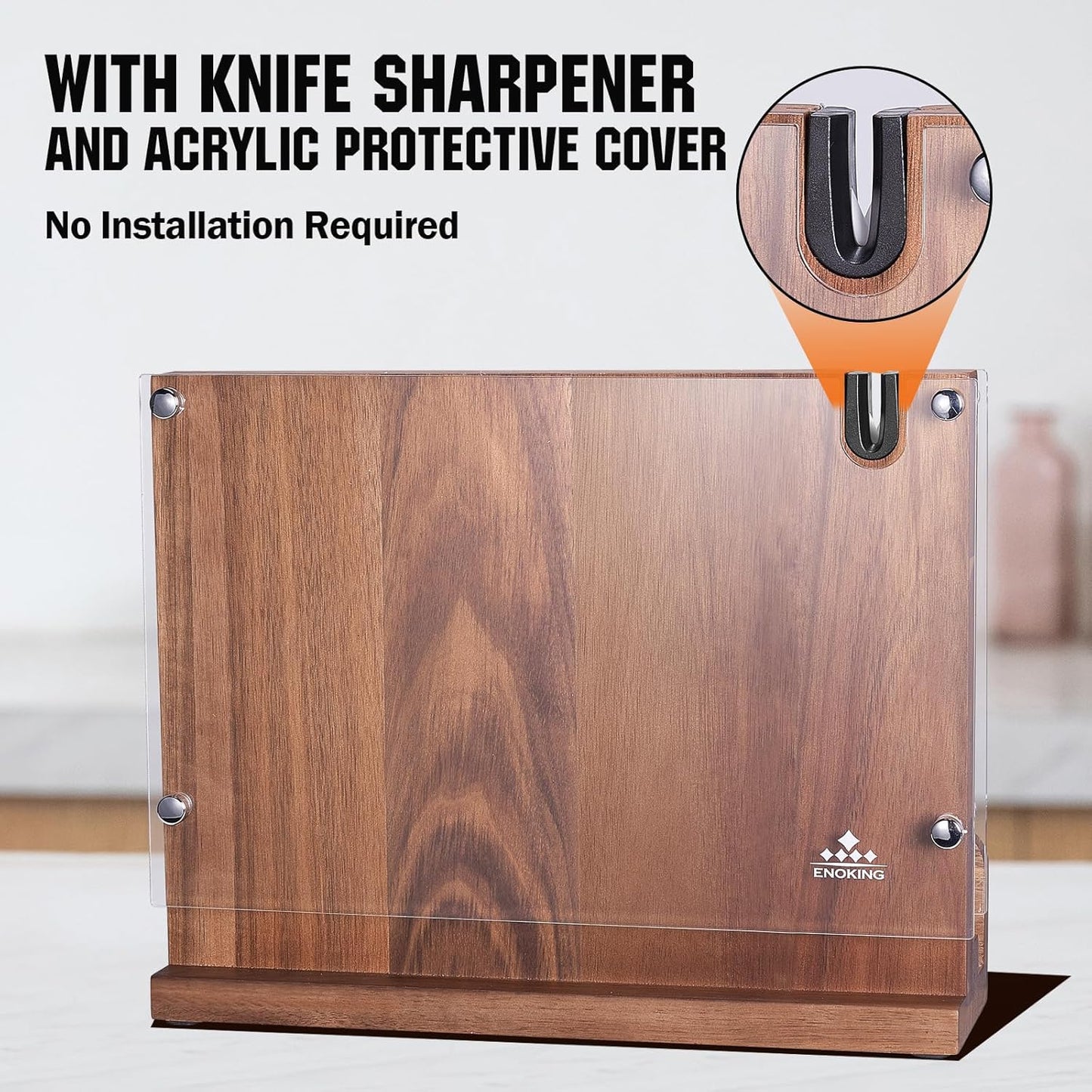 Magnetic Knife Block with Acrylic Shield, Double Side Kitchen Knife Holder without Knives- Acacia Wood Universal Knife Storage Organizer with Powerful Magnet for Kitchen Counter