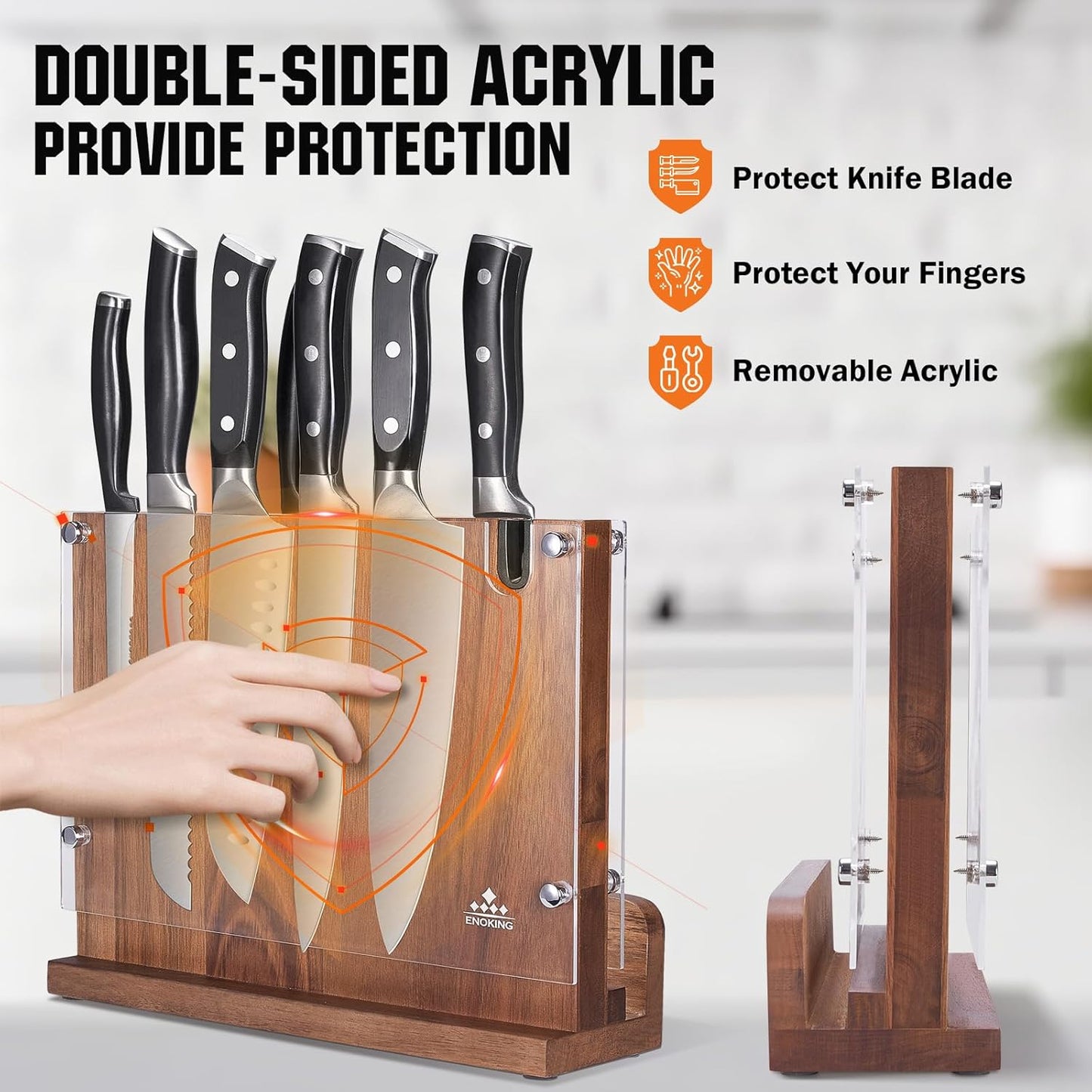 Magnetic Knife Block with Acrylic Shield, Double Side Kitchen Knife Holder without Knives- Acacia Wood Universal Knife Storage Organizer with Powerful Magnet for Kitchen Counter