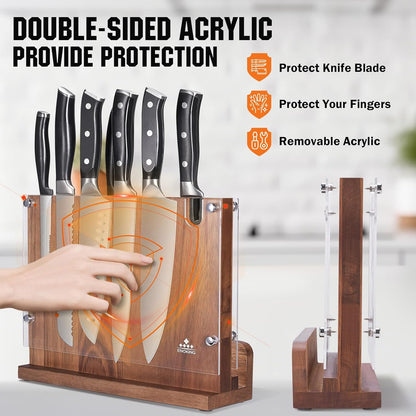 Magnetic Knife Block with Acrylic Shield, Double Side Kitchen Knife Holder without Knives- Acacia Wood Universal Knife Storage Organizer with Powerful Magnet for Kitchen Counter