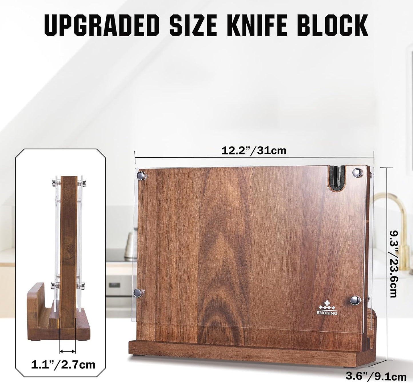 Magnetic Knife Block with Acrylic Shield, Double Side Kitchen Knife Holder without Knives- Acacia Wood Universal Knife Storage Organizer with Powerful Magnet for Kitchen Counter