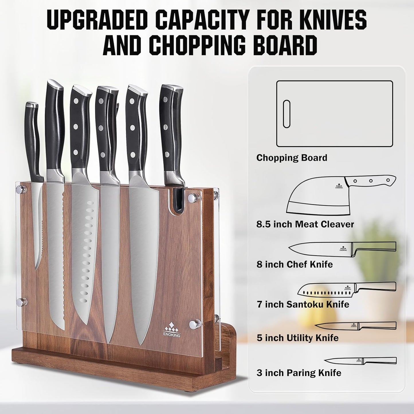 Magnetic Knife Block with Acrylic Shield, Double Side Kitchen Knife Holder without Knives- Acacia Wood Universal Knife Storage Organizer with Powerful Magnet for Kitchen Counter